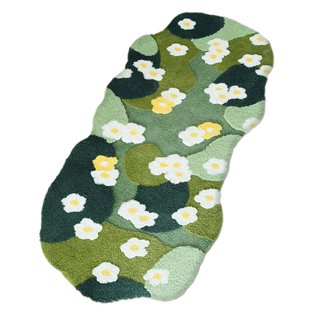 Green Forest Irregular Flocked Plush Bedroom Rug – Moss Green Carpet