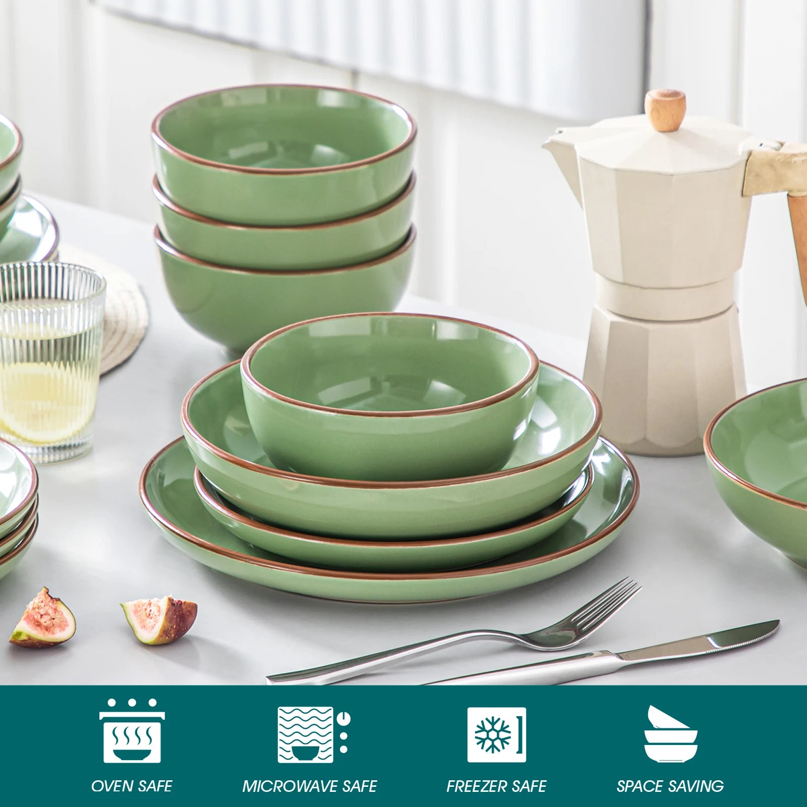 VANCASSO NYMPH 16/32 Pcs Ceramic Tableware Set - Forest Solid Color for 4/8 People