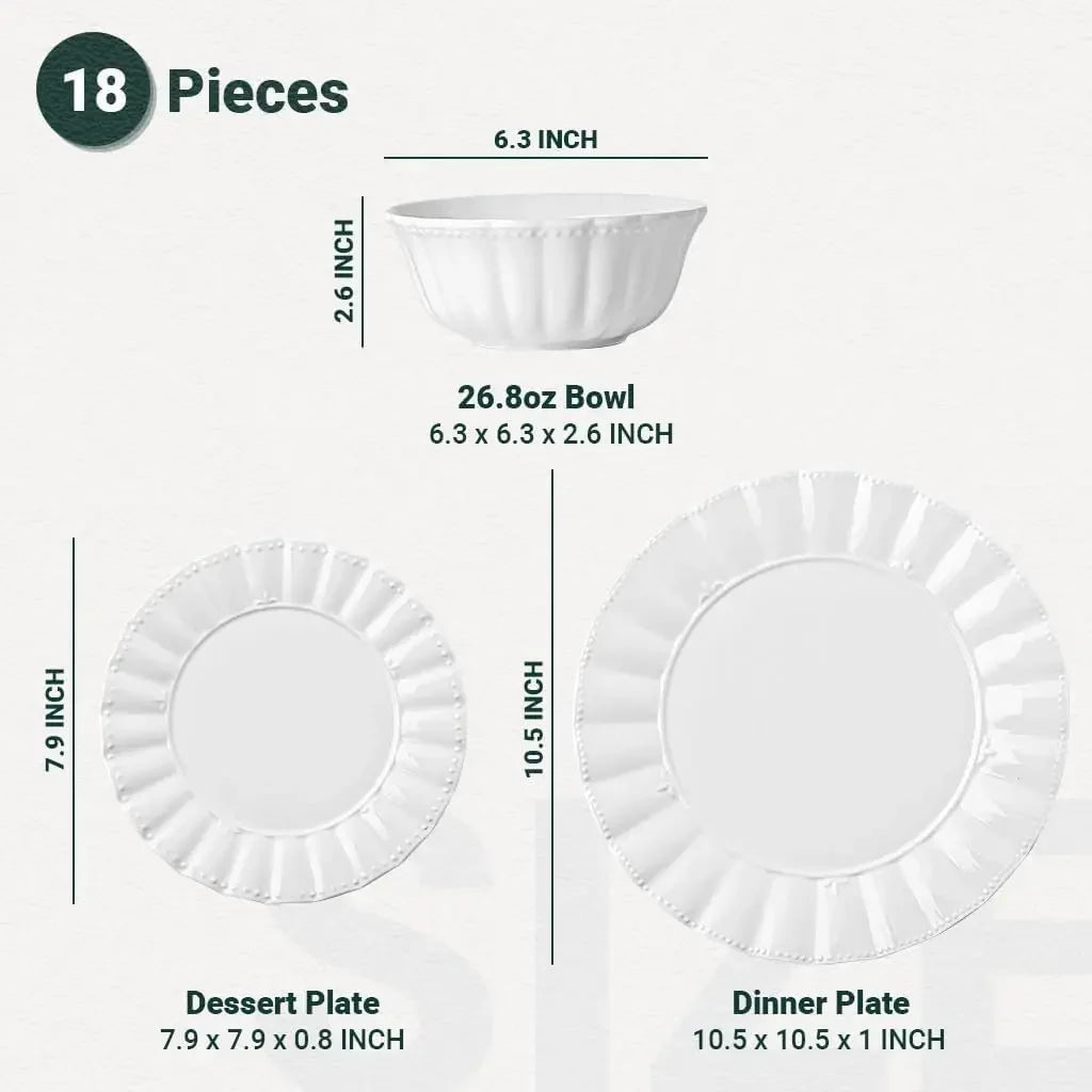 18-Piece Porcelain Dinnerware Set - Service for 6, Ceramic Plates & Bowls, Modern Bone China