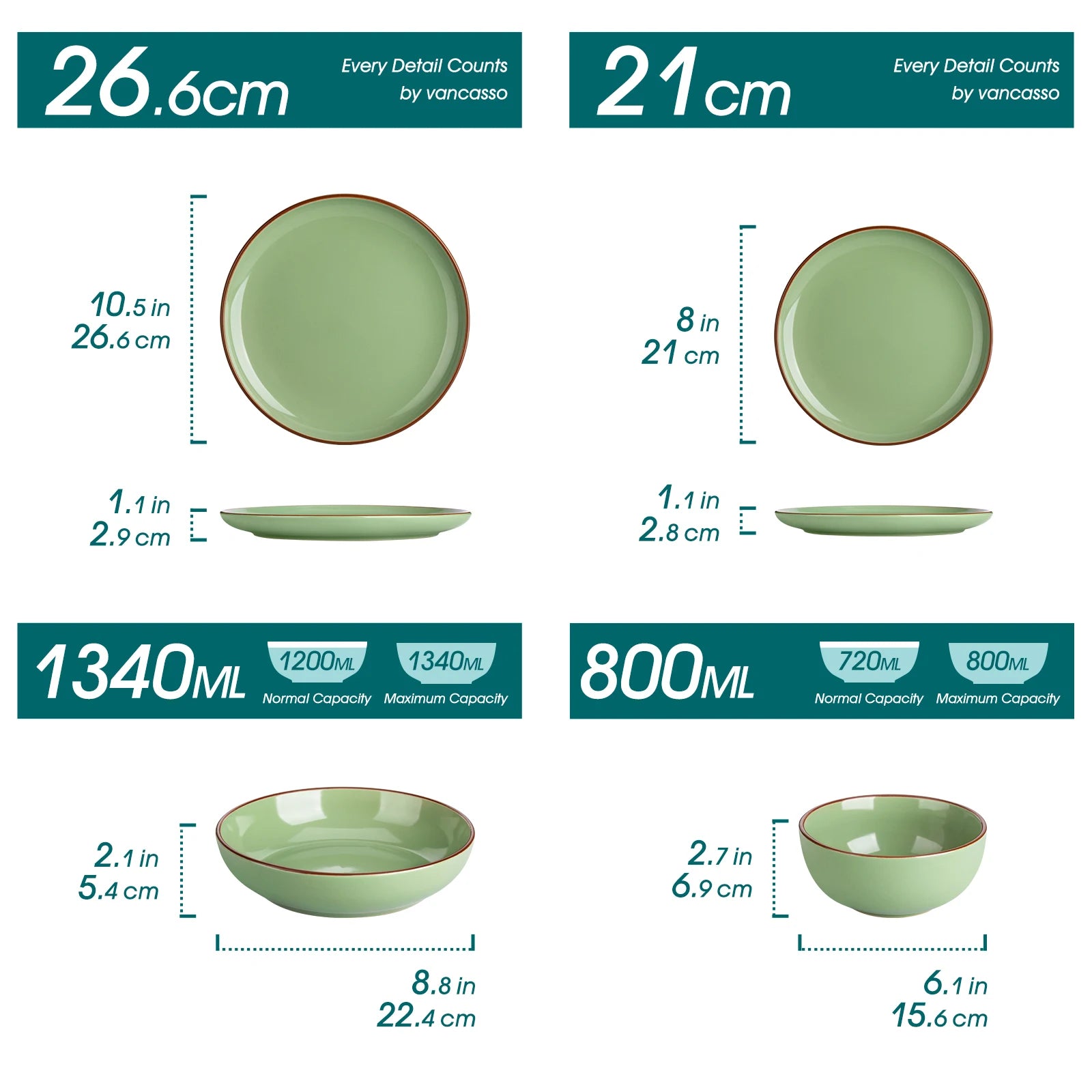 VANCASSO NYMPH 16/32 Pcs Ceramic Tableware Set - Forest Solid Color for 4/8 People