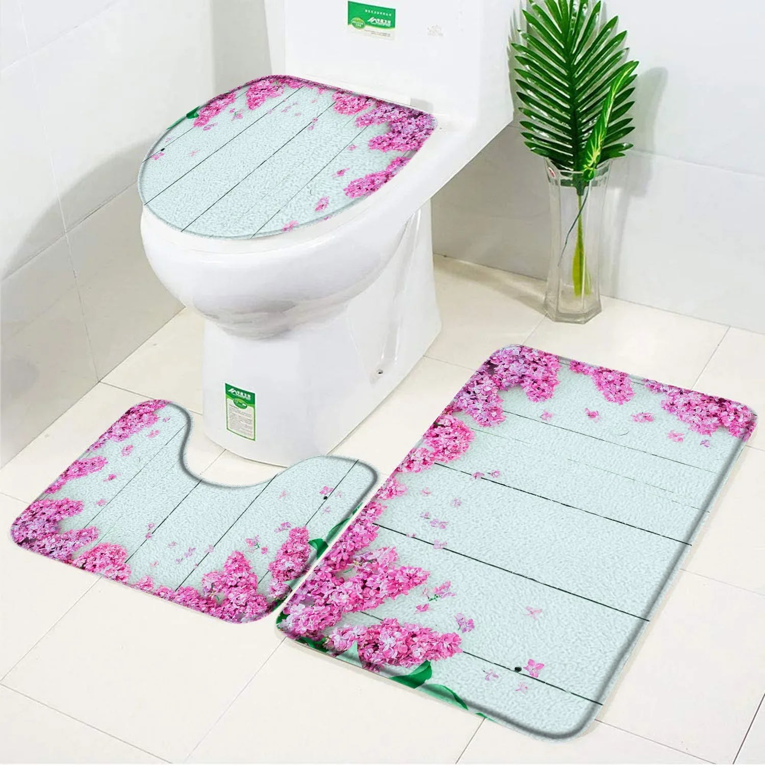 3-Piece Orchid Bath Mat Set – Elegant Purple & White Bathroom Accessories