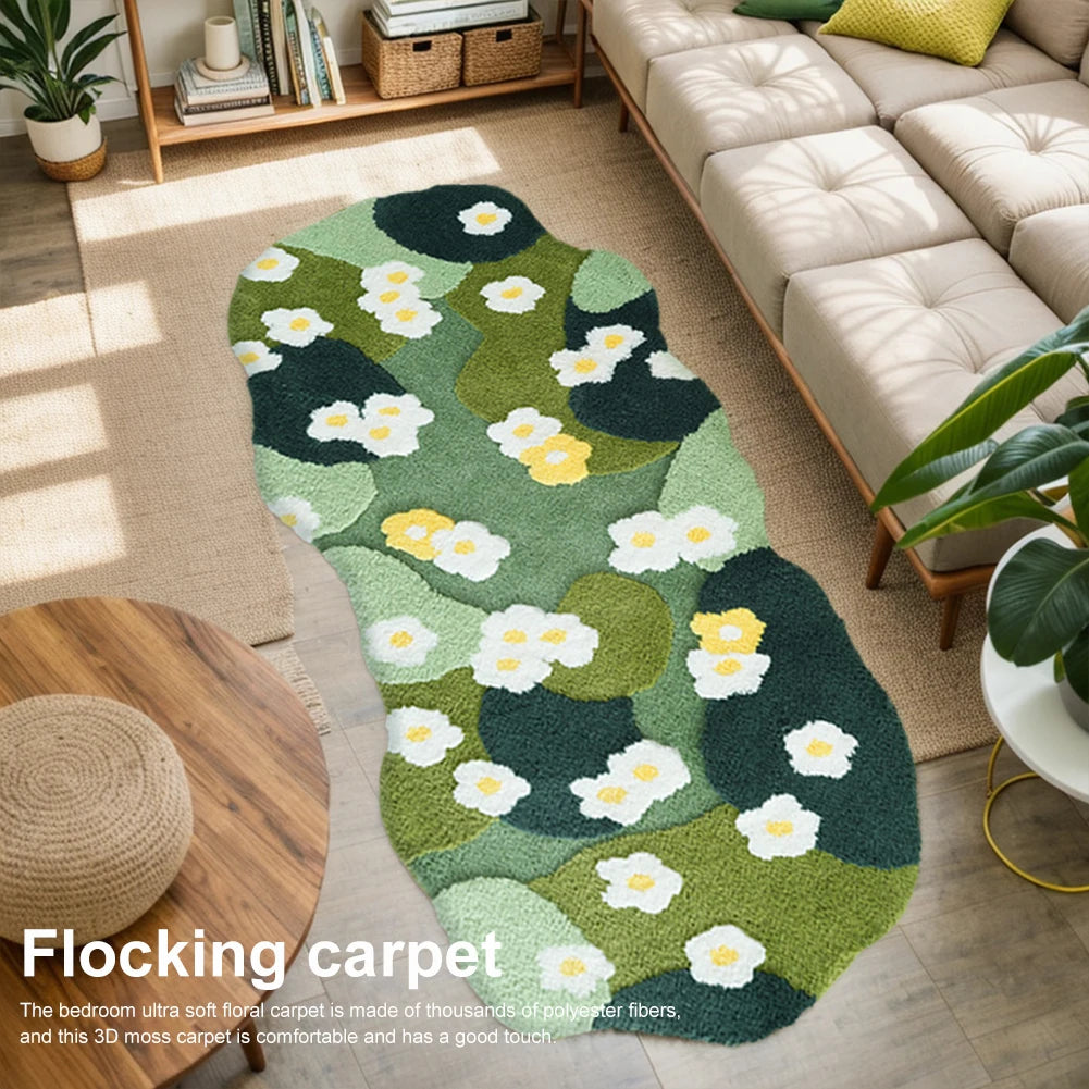 Green Forest Irregular Flocked Plush Bedroom Rug – Moss Green Carpet