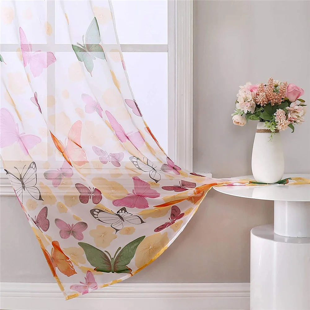 2 Panel Butterfly Pattern Gauze Curtains - Fresh Floral Semi-Sheer Rod Pocket Drapes (100x200cm)