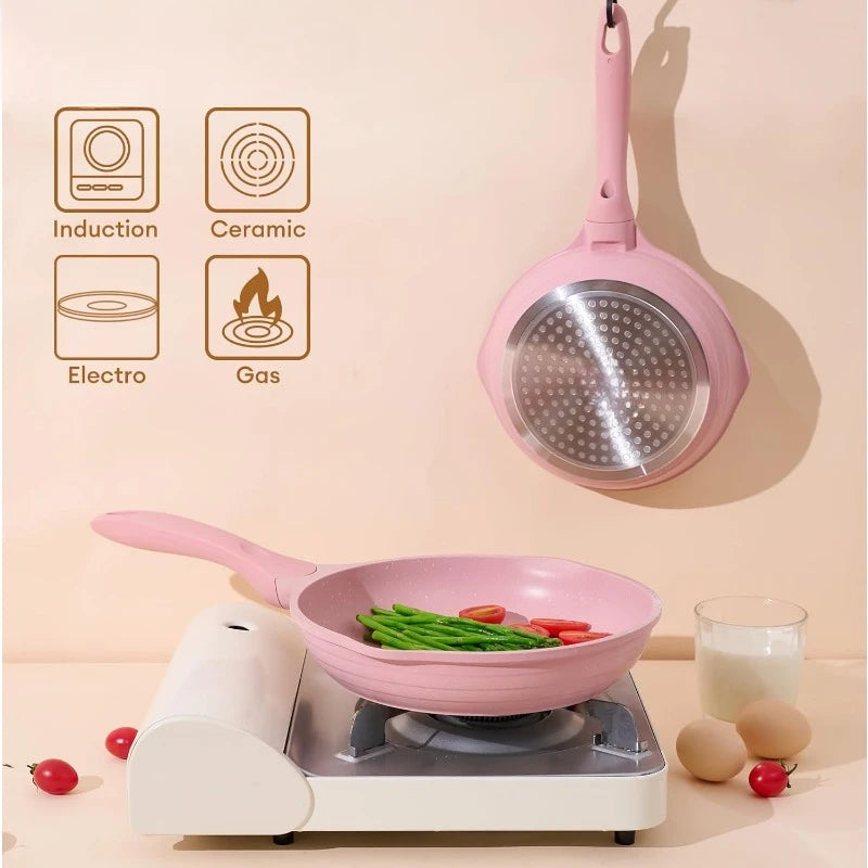 Pink Pots and Pans Set Nonstick 23pcs - Healthy Kitchen Cookware, Induction-Ready Pink Granite Frying Pans