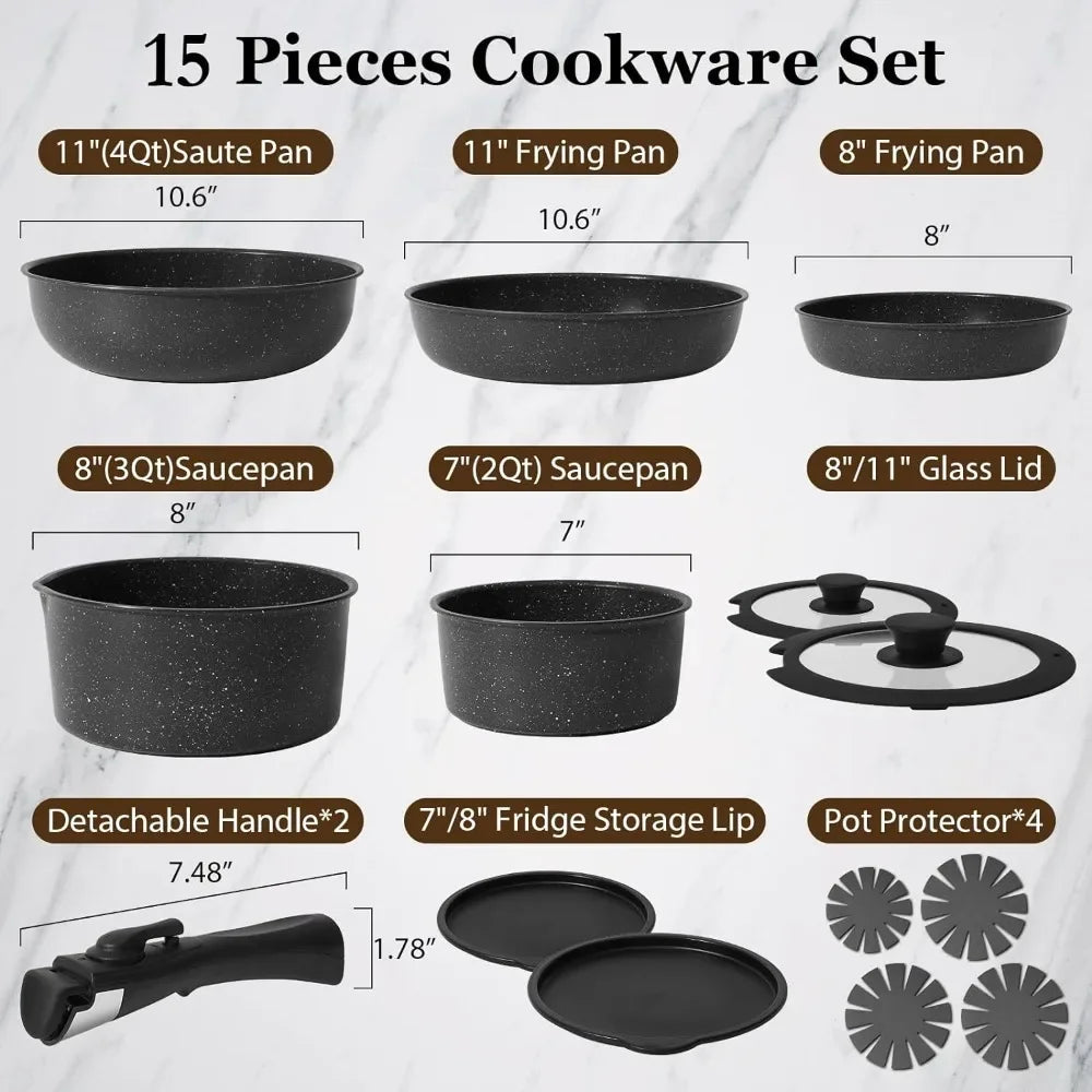 15 Pcs Non-Stick Pots and Pans Set with Detachable Handle – Induction Ready Cookware Set