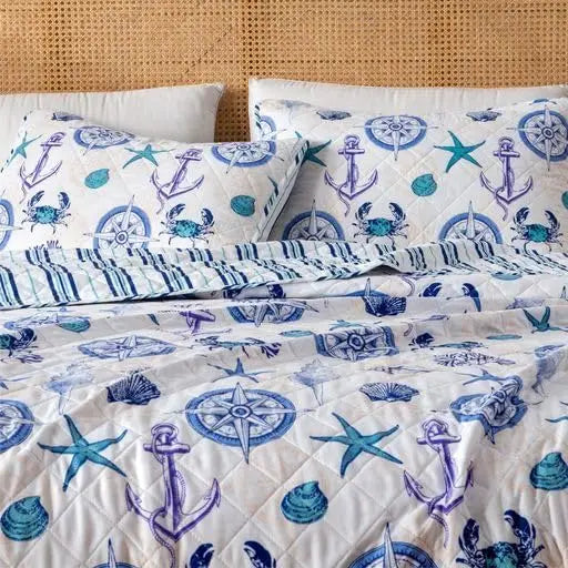 Summer Coastal Quilt Set - Full/Queen, Beach 2-Piece Reversible Bedspread with Sham