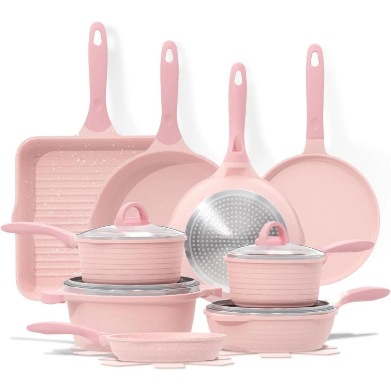 Pink Pots and Pans Set Nonstick 23pcs - Healthy Kitchen Cookware, Induction-Ready Pink Granite Frying Pans