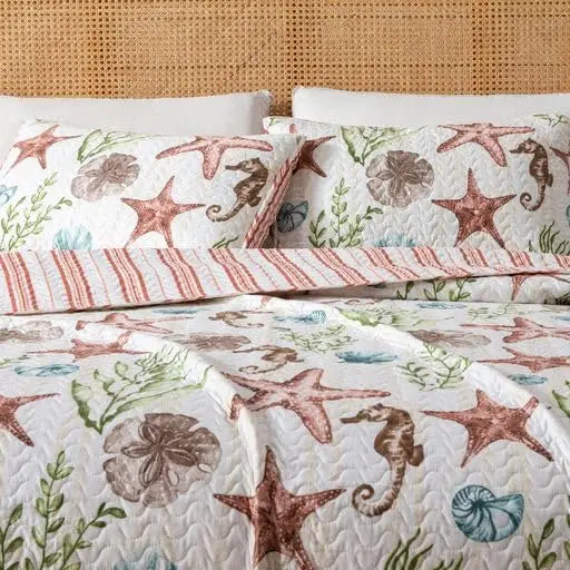 Summer Coastal Quilt Set - Full/Queen, Beach 2-Piece Reversible Bedspread with Sham