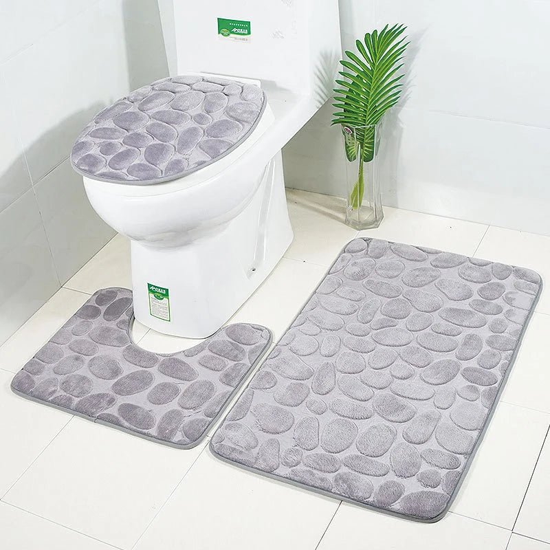 Set of 3 Bathroom Bath Mat Set Soft Non Slip 2PCS Cobblestone Mat Bathroom Rug Absorbent Shower Carpets Toilet Lid Cover Floor