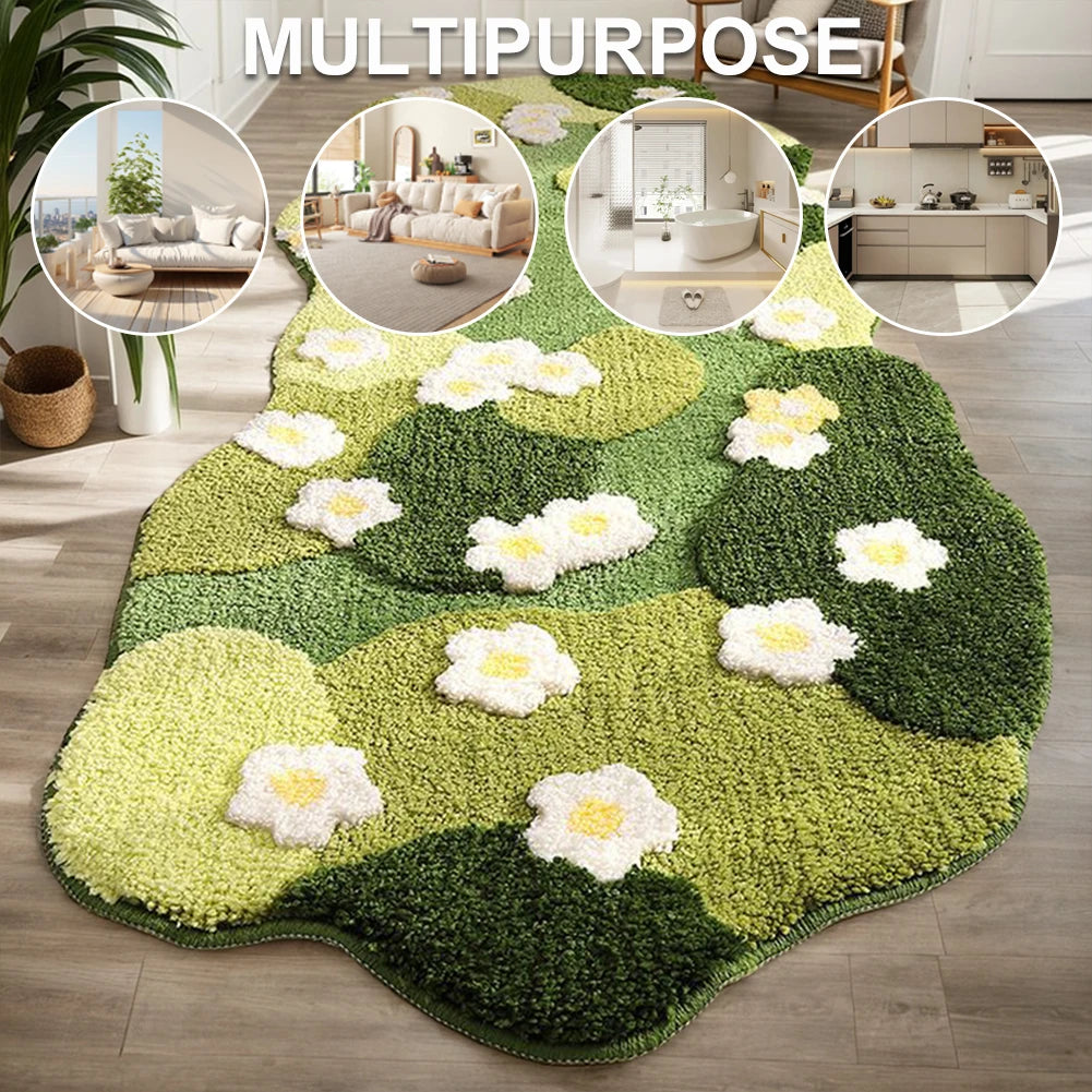 Green Forest Irregular Flocked Plush Bedroom Rug – Moss Green Carpet