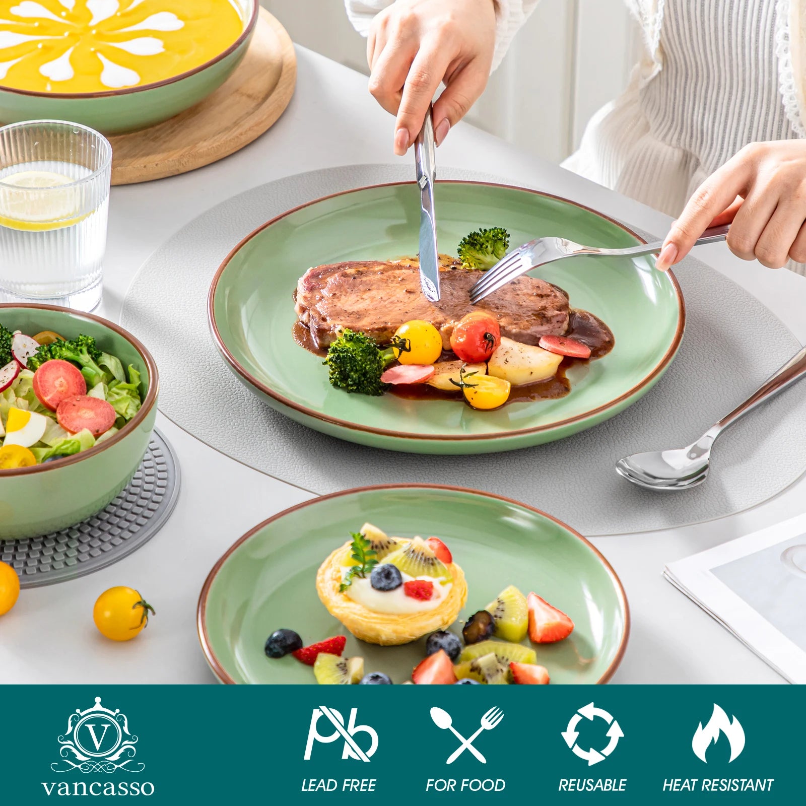 VANCASSO NYMPH 16/32 Pcs Ceramic Tableware Set - Forest Solid Color for 4/8 People