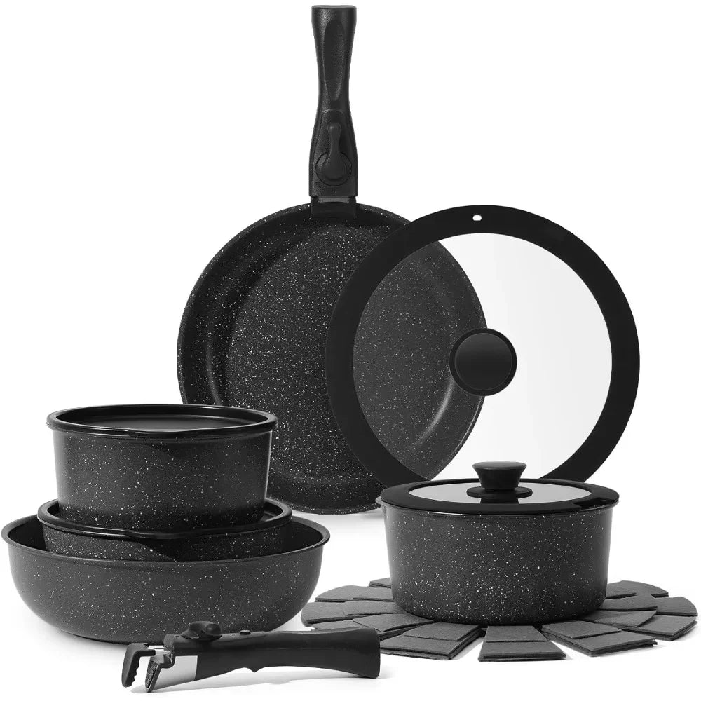 15 Pcs Non-Stick Pots and Pans Set with Detachable Handle – Induction Ready Cookware Set