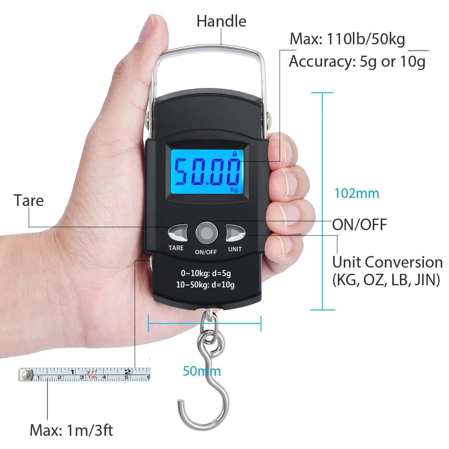 JJYY Portable Scale with Tape Measure – 110 lb/50 kg Hanging Scale for Fishing & Home Use